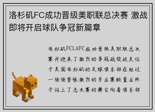 洛杉矶FC成功晋级美职联总决赛 激战即将开启球队争冠新篇章